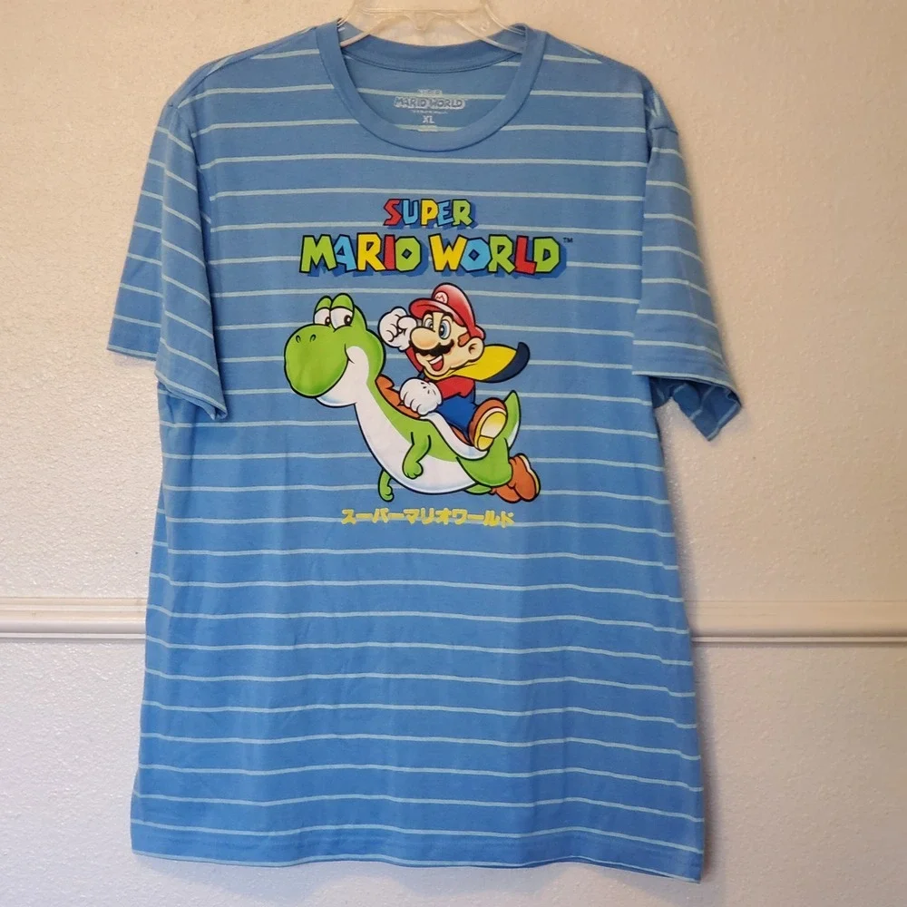 Nintendo Super Mario World Yoshi Striped Graphic T-Shirt Blue Boys XL